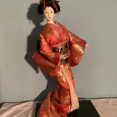 Pair of Vintage Japanese Geisha Dolls in Silk Kimonos on Wood Stands
