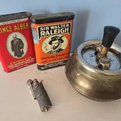 Mid-Century Spin Top Ashtray/Tobacco Tins/Lighter