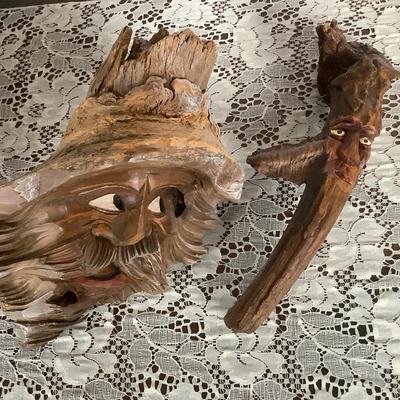 Pair of Hand-Carved European “Wood Spirit” Driftwood Faces – Alpine Folk Art