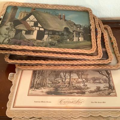 Woven Edge Trays Cottage/ Winter Scenes & Hawaiian Night Scene Prints Waikiki & Diamond Head, Hawaii