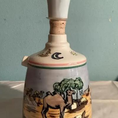 Hand-Painted Ceramic Decanter with Desert Scene and Camel Motif