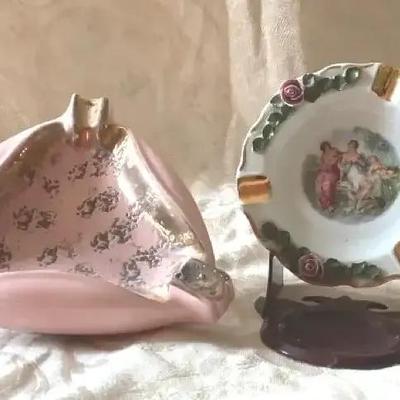 Porcelain Ashtray & Decorative Plate Duo – Pink and Gilded Accents