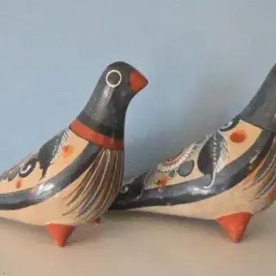 Pair of Hand-Painted Mexican Pottery Birds – Signed Tonalá