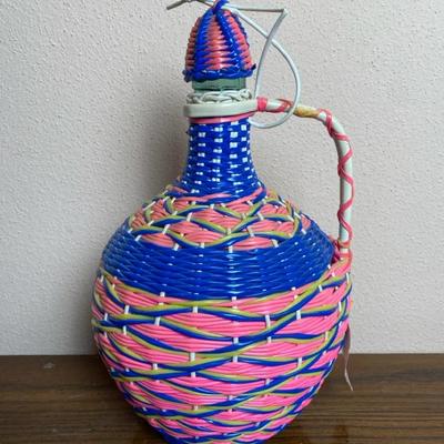 Woven Plastic Demijohn Bottle – Blue, Pink & Green