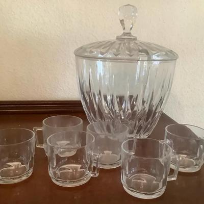 Lidded Ice Bucket/Serving Jar w/ 6 Matching Cups – Faceted Glass Design