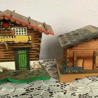 Pair of Vintage Alpine Chalet Souvenir Houses – Handcrafted Wood Models