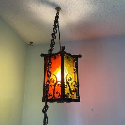 Hanging Lantern with Colored Glass Panels and Wrought Iron Frame