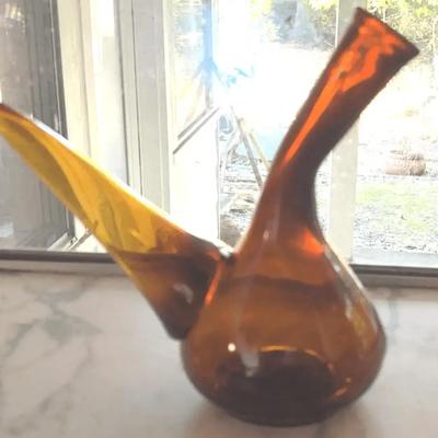 Spanish Hand Blown Amber Glass Porron Wine Pitcher /Decanter