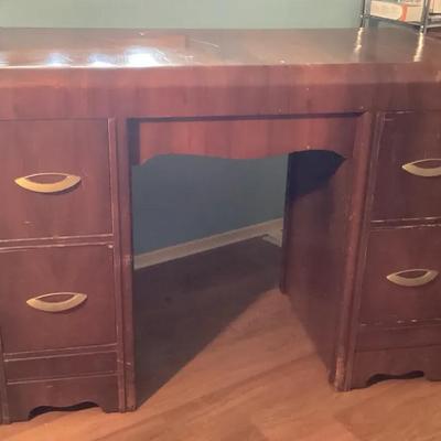Vintage Art Deco-Style Wooden Desk with Brass Handles
