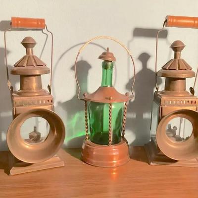 Copper & Brass Lanterns with Green Glass Accent
