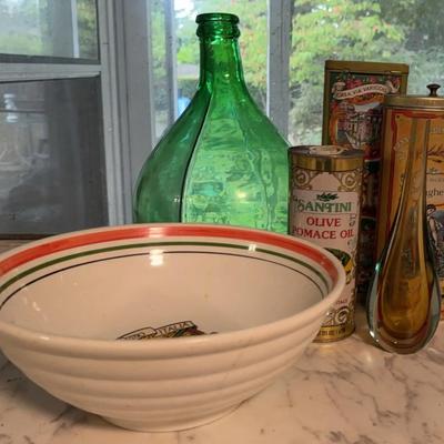 Italian-Inspired Kitchen Decor Lot – Bowl, Olive Oil Tin, Glass Bottle & More