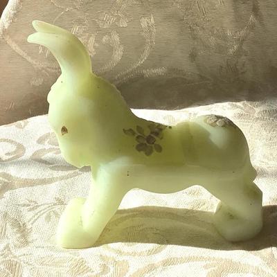 Uranium Vaseline Glass Donkey Figurine with Floral Detail