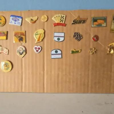 Collection of Vintage and Commemorative Lapel Pins – Sports, Patriotic, and Travel Themes