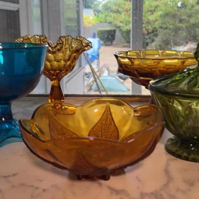 Colored Glass Compote & Candy Dish Collection – Amber, Blue & Green