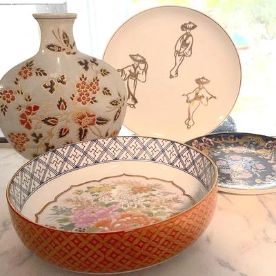 Hand-Painted Japanese Folk Dancer Plate & Floral Porcelain Collection