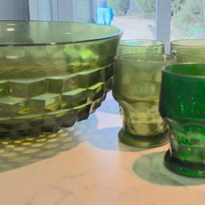 Indiana Glass Green Cube Pattern & Other Green Ware