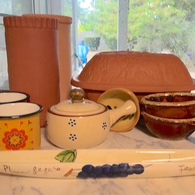 Assorted Stoneware & Ceramic Kitchenware Collection – Bowls, Mugs, Clay Baker & More
