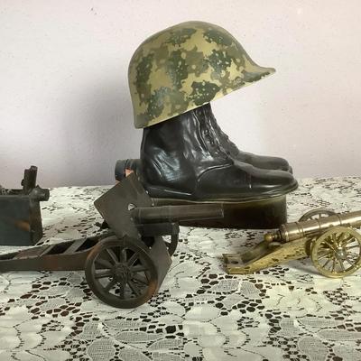 1975 Regal China “Army Helmet and Boots” Jim Beam Decanter & Small Cannons 