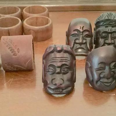 Set of 10 Handcrafted Napkin Rings – Carved Wood & Embossed Leather Designs
