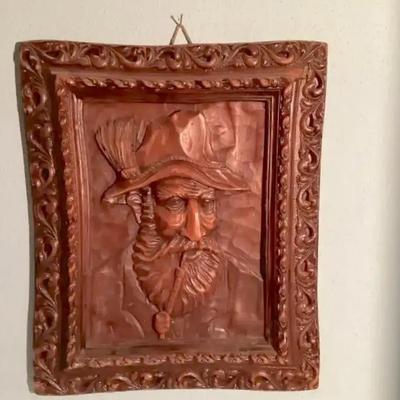 Hand-Carved Wood Relief Wall Art — Bearded Man with Pipe