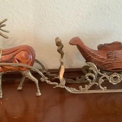 Brass & Wood Reindeer and Sleigh