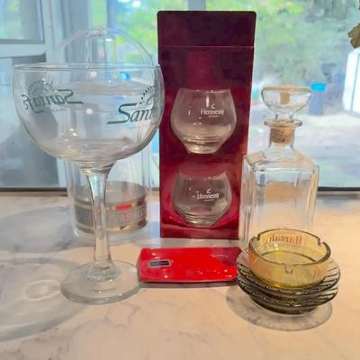 Barware & Spirits Glassware Lot – Hennessy, Santini, Decanter & Vegas Ashtrays