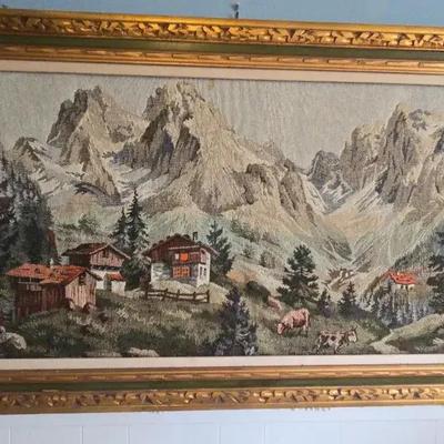 Framed European Alpine Village Tapestry – Vintage Wall Art