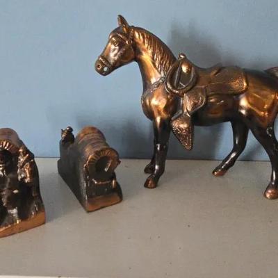Metal Bronze Color Horse and Covered Wagon Bookends