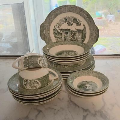 “Old Curiosity Shop” Dinnerware Set by Royal China – Green Transferware