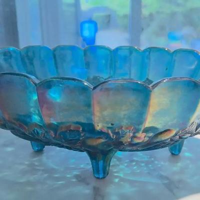 Blue Carnival Glass Bowl on Three Feet – Iridescent Scalloped Design