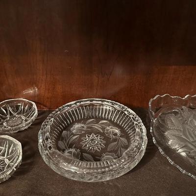 Vintage Crystal Bowl & Heart Dish Collection – Etched Floral & Cut Glass Designs (5 Pieces)
