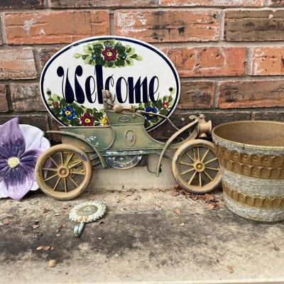 Porch & Garden Décor Lot – Welcome Sign, Vintage Carriage, Planter & More