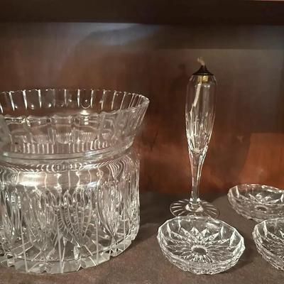 Large Heavy Cut Crystal Centerpiece Bowl with Accent Dishes and Glass Oil Lamp