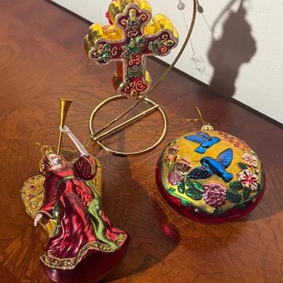 Set of Three Handcrafted Holiday Ornaments – Christopher Radko Cross, AmeriChristmas Hummingbird Glo