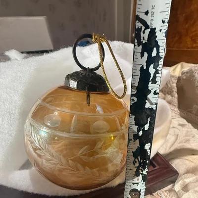 Antique Amber Etched Glass Witch Ball – Hand-Blown, Iridescent, c.1900, Bohemian Ornament