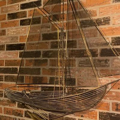Vintage Mid-Century Brass & Wire Sailboat Sculpture – Nautical Wall or Shelf Décor Large