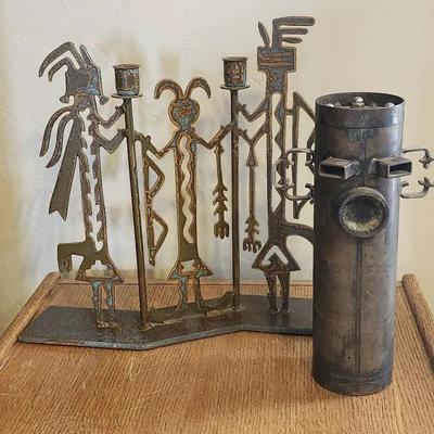 Handcrafted Metal Hopi Candlestick Homder And Bank