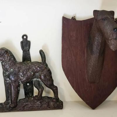 Vintage Metal Airedale Terrier Door Knocker And Wooden Plaque