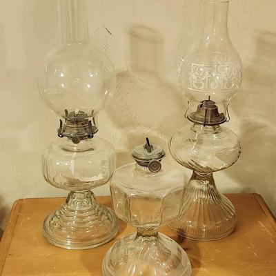3 Large Glass Antique Oil Lamps