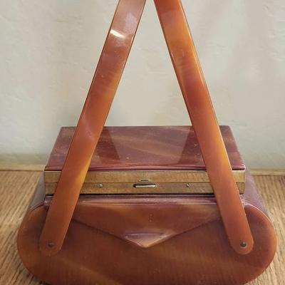 RARE Bakelite 1940s Box Bag with Handles and a Top Makeup Compartment