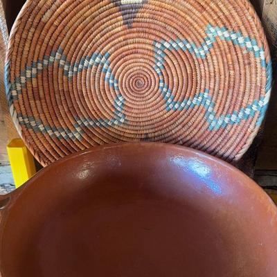 Large Terracotta Bowl And Colorful Woven Basket