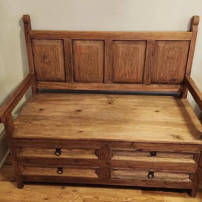 Rustic Pine Deacon's Bench with Storage Drawers
