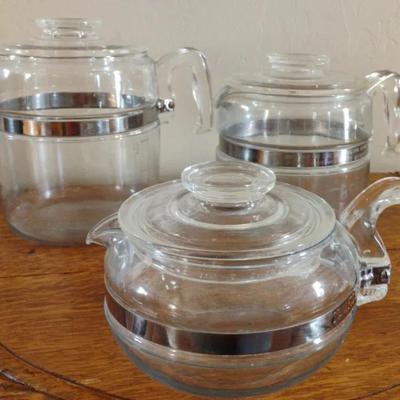 3 Vintage Pyrex Coffee Pots Various Sizes