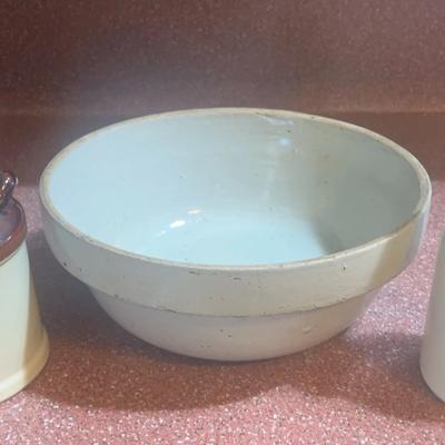 Vintage Stoneware Mixing Bowl, Milk Jug, and Milk Bottle