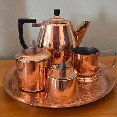 Vintage Copper Teapot, Serving Tray, W/ Cream And Sugar Holders