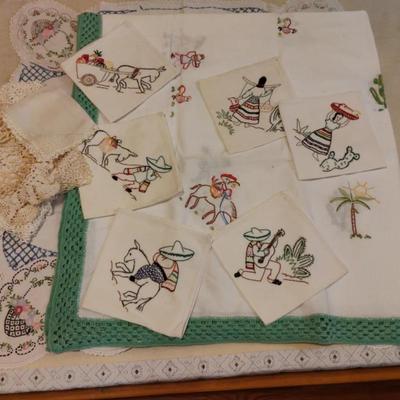 Vintage Hand Embroidered Table Cover And Napkins, Plus Doilies