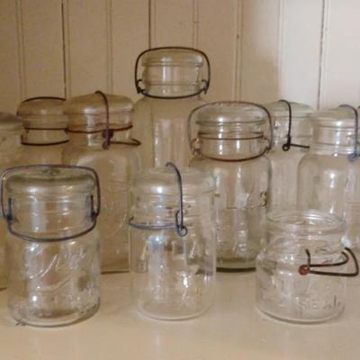 Antique ATLAS, Drey Glass, And Other Mason Jars With Glass Lids - Various Sizes