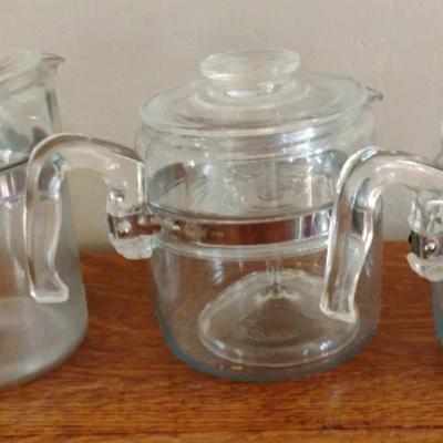 Vintage Pyrex Percolators In Every Size With Inserts - One Has Wooden Handle