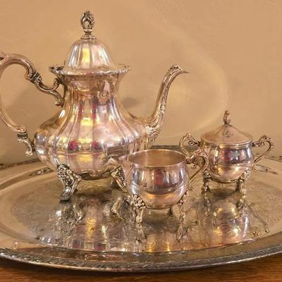 Silver-plated Teapot W/ Tray, Cream And Sugar Holders