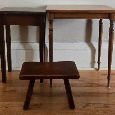 Antique/Vintage: Two Small Wooden Side Tables And A Small Wooden Stepstool  18x13x21/14x10x20